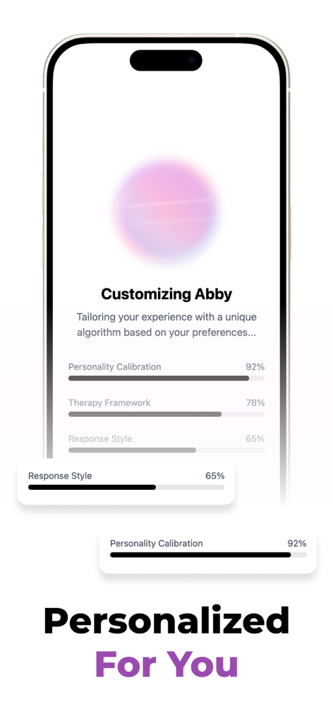 A mobile screen showing the Abby AI mental health app customization process with personality calibration and therapy framework settings