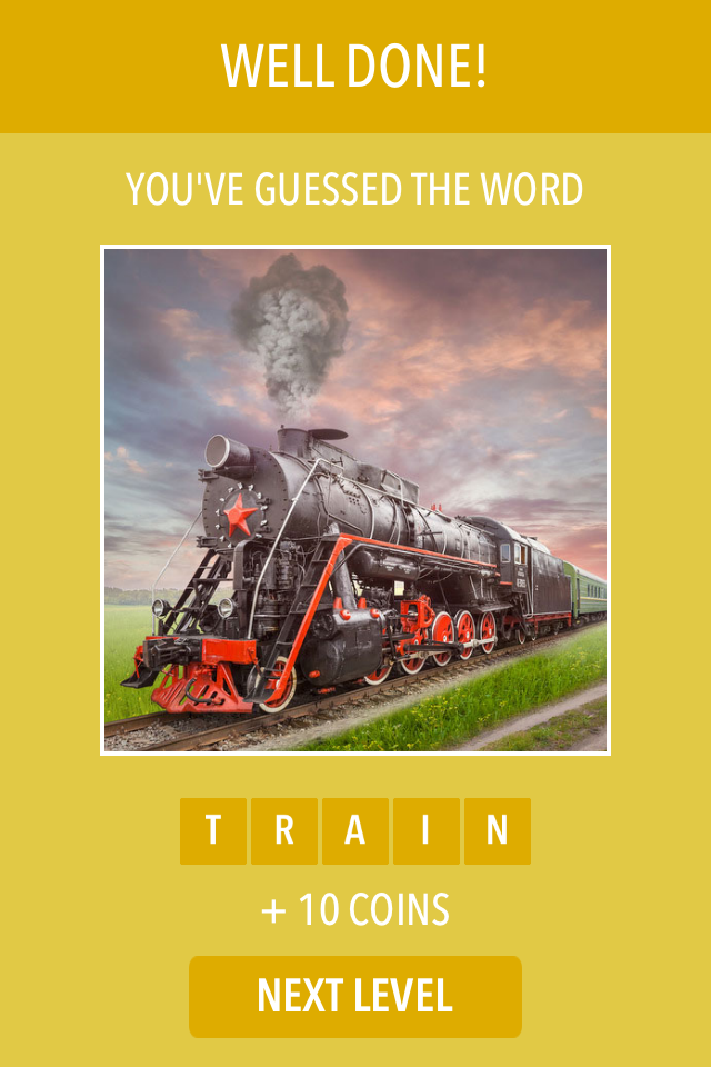 2 Pics ~ Combine and Guess the Word! - Success screen in a word association game showing a steam train image and the solved word TRAIN