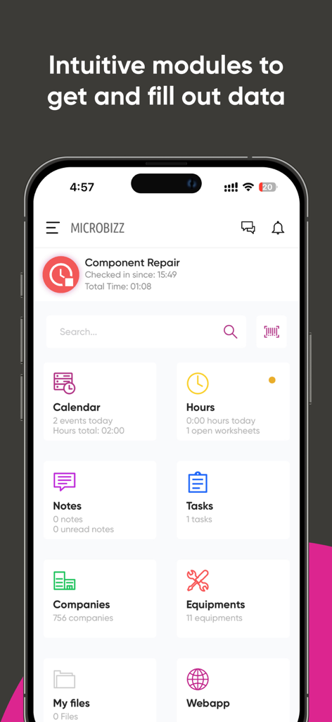 Microbizz 3 - Microbizz 3 app interface showing service modules for tasks and time tracking