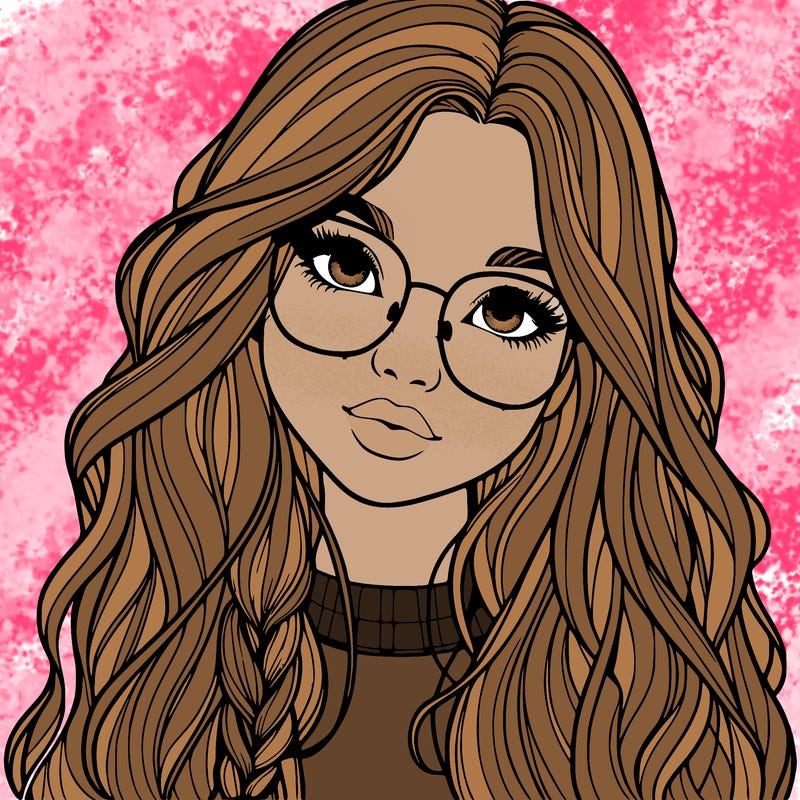 girl with long hair and freckles and glasses realistic