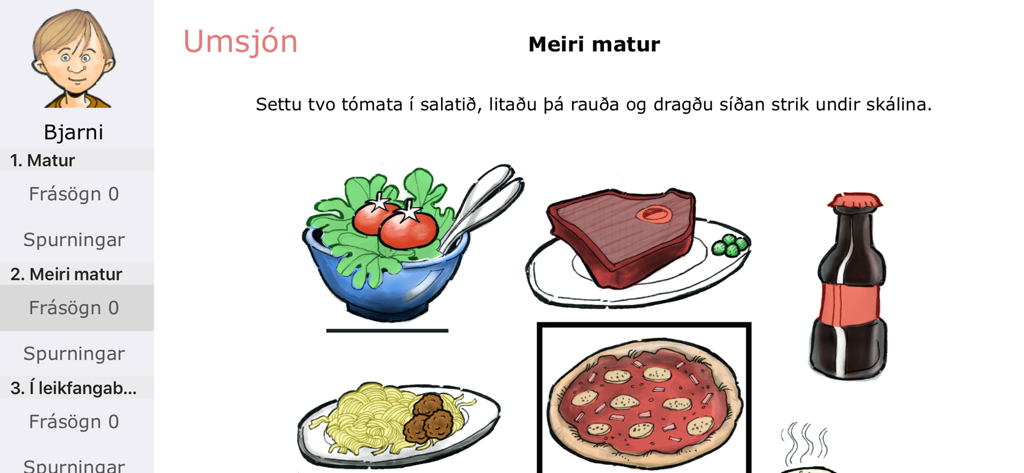 Screenshot of the Ordagull app showing an Icelandic language exercise with illustrations of food including salad, steak, and pizza