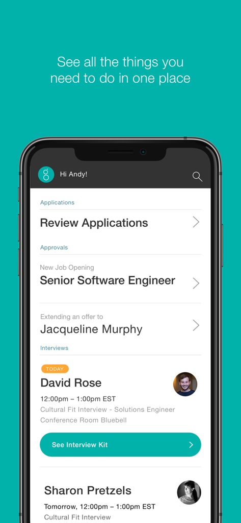 Greenhouse Recruiting - Mobile dashboard of Greenhouse Recruiting app showing interview tasks and job approvals