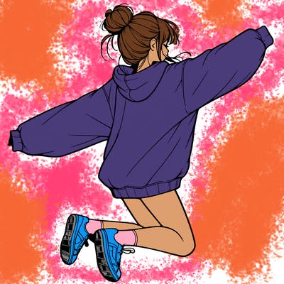 realistic girl jumping with a bun and oversized sweatshirt