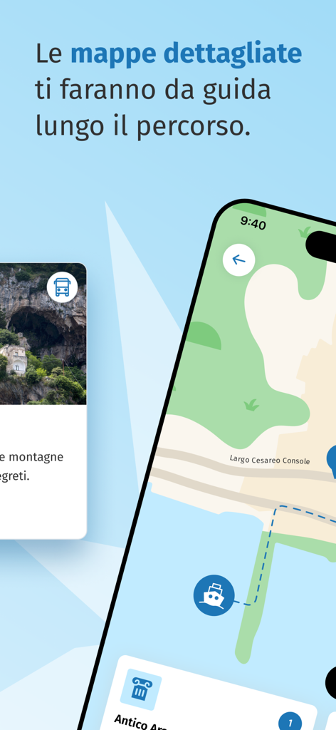 Pantalla de smartphone que muestra un mapa de navegación interactivo detallado para viajes a la Costa Amalfitana