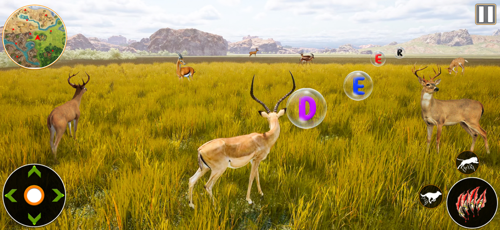 ABC Animal Game: Word Collect - Una pantalla de juego de simulador de animales 3D que muestra una gacela en un campo con burbujas flotantes que deletrean la palabra CIERVO.