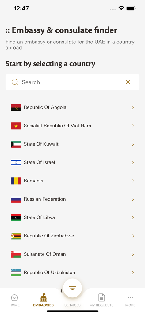 UAE MOFA app embassy and consulate finder screen with country list