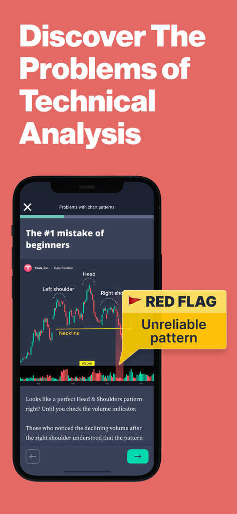 A mobile app screen explaining common technical analysis mistakes and unreliable chart patterns.
