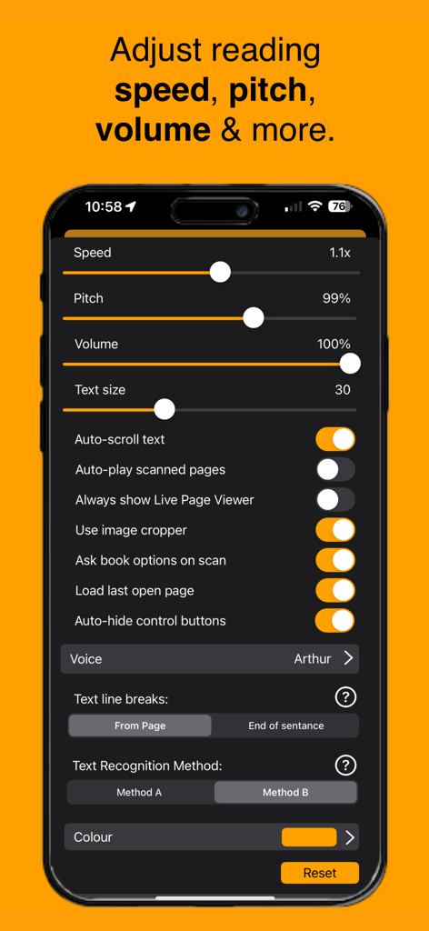 Page Reader - A screenshot of the Page Reader app settings page showing audio and text customization options