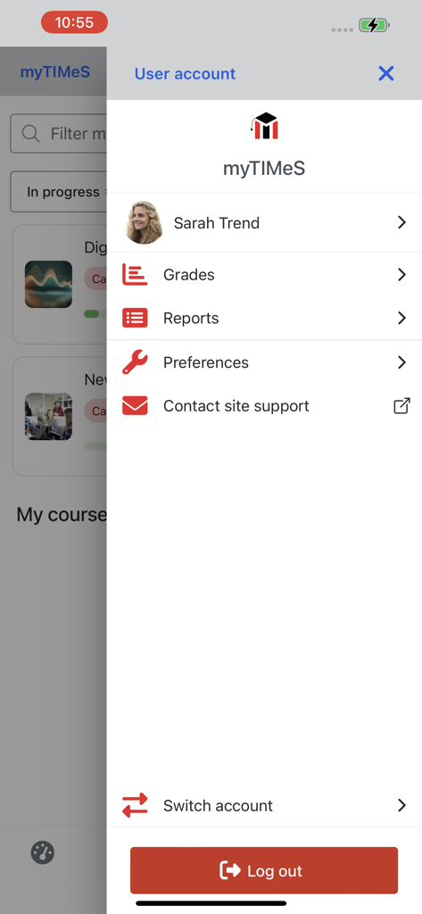 Taylor's myTIMeS Mobile - User account menu of the Taylor's myTIMeS Mobile app showing student profile grades and reports