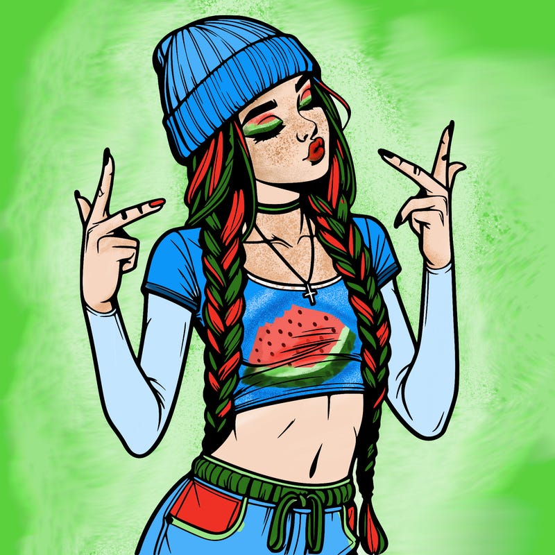 realistic teenage girl with braids and a beanie and crop top doing 🫶🏼