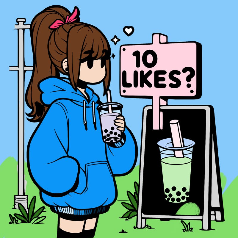 girl with oversized hoodie drinking boba and she has a high ponytail with a sign that says 10likes?