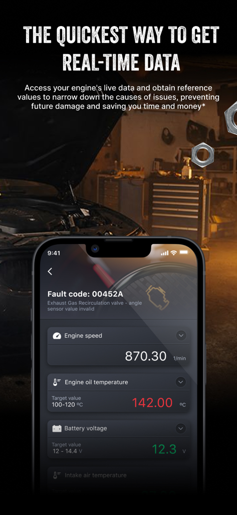 Carly app interface showing real time engine speed oil temperature and battery voltage