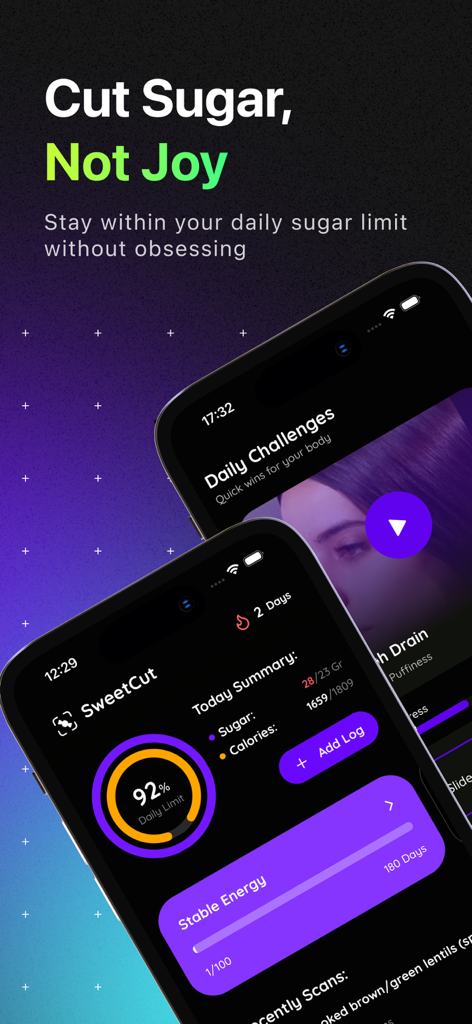 SweetCut: Stop Sugar & Debloat - Interface of SweetCut app showing sugar limit tracker and daily summaries