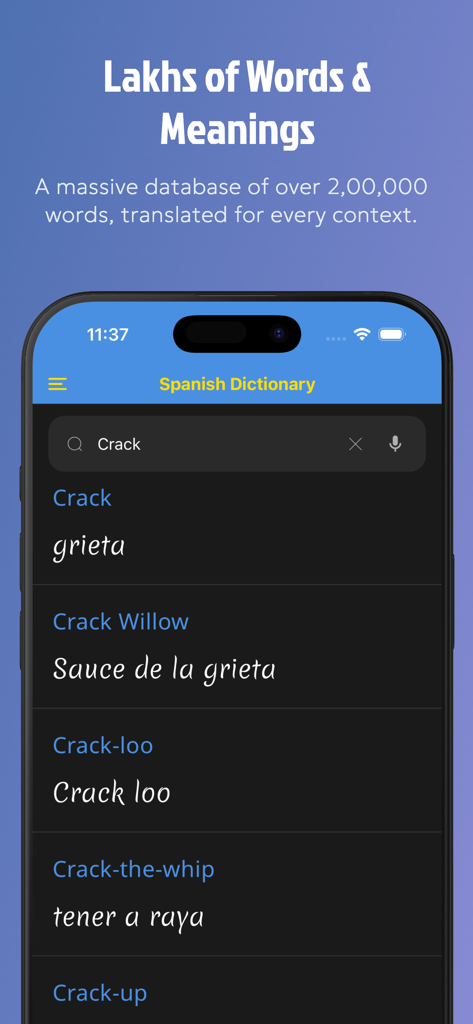 Spanish Dictionary: Translate+ - Spanish Dictionary Translate plus app interface showing English to Spanish word meanings in dark mode.