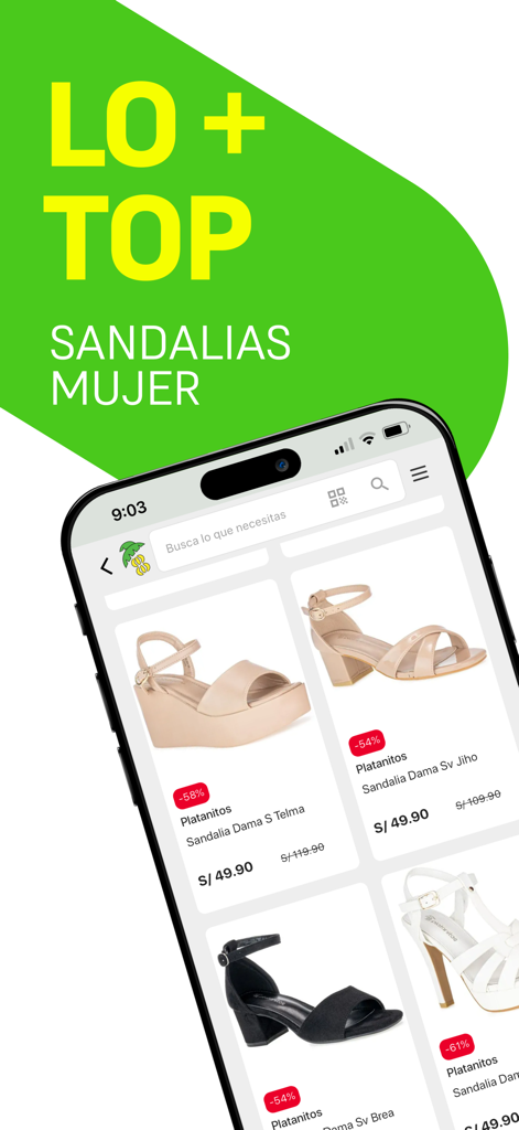 Platanitos - A mobile phone displaying the Platanitos app with a selection of women's sandals and discount tags