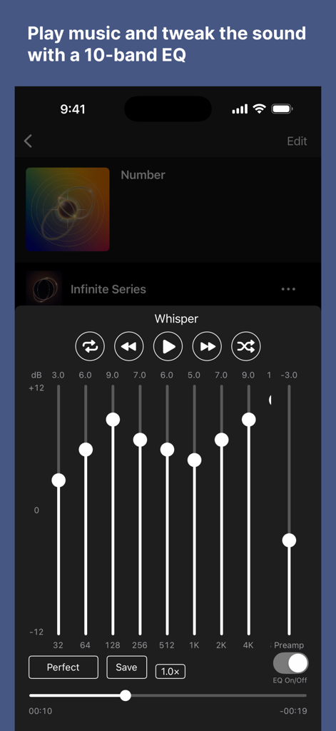 Music Player+ - Una interfaz móvil para Music Player Plus mostrando un ecualizador de 10 bandas con deslizadores de frecuencia ajustables y controles de reproducción de audio.