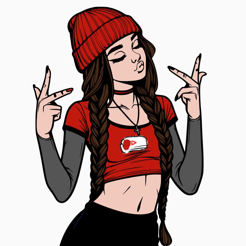 realistic teenage girl with braids and a beanie and crop top doing 🫶🏼