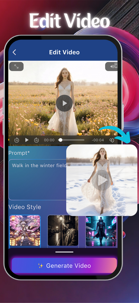 Aethia AI Photo & Video Editor - Interface do editor de vídeo Aethia AI mostrando uma mulher em um campo sendo transformada em uma cena de inverno com um prompt de texto.
