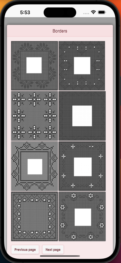 Filet Crochet Pattern Creator - Interface showing multiple grid-based filet crochet border designs
