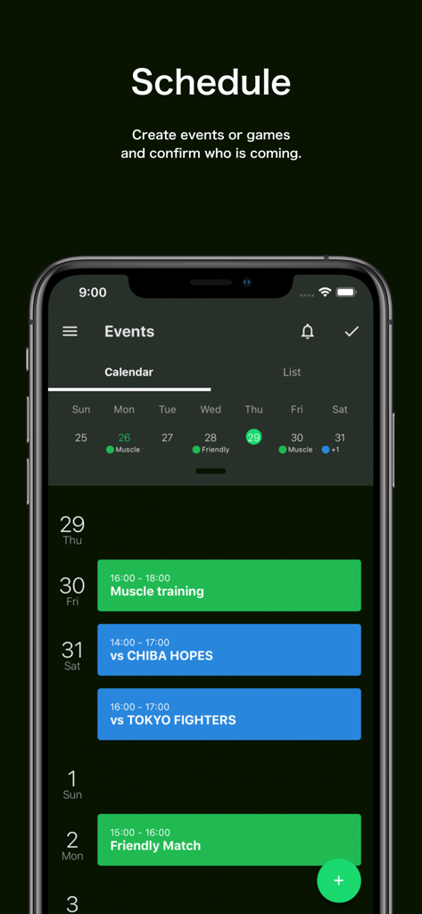 TeamHub mobile app displaying a sports team event calendar with scheduled games and practices
