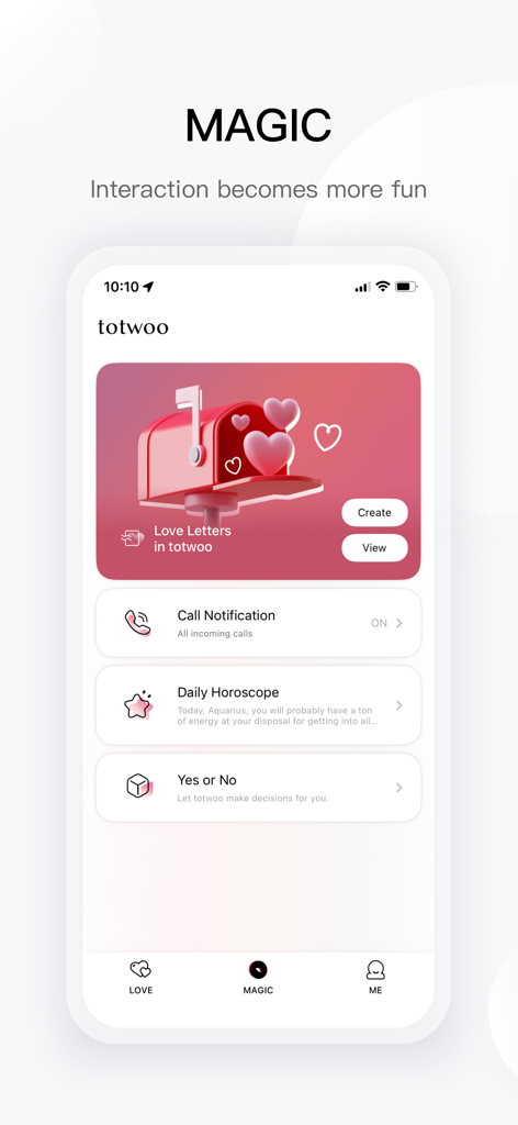 La scheda Magia dell'app totwoo che mostra funzioni come Lettere d'Amore, Notifiche di Chiamata, Oroscopo Giornaliero e un decisore Sì o No.