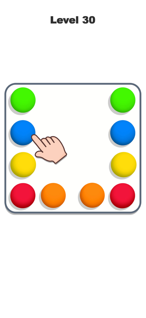 ボールコネクトパズル レベル30のゲームプレイ画面。グリッド上の色付きドットと、ドットの繋ぎ方を示す手のアイコン。