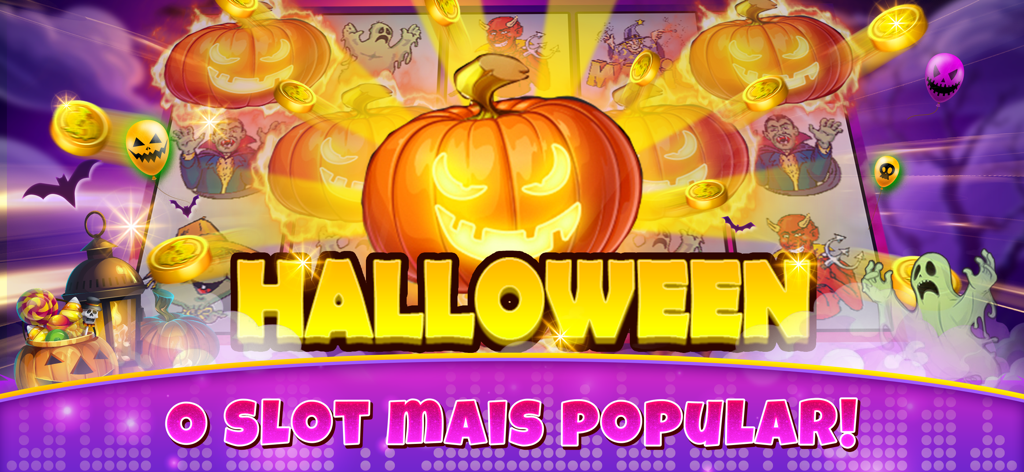 Dr. Bingo - VideoBingo + Slots - Halloween themed slot machine interface in Dr. Bingo app featuring a glowing jack-o-lantern and gold coins