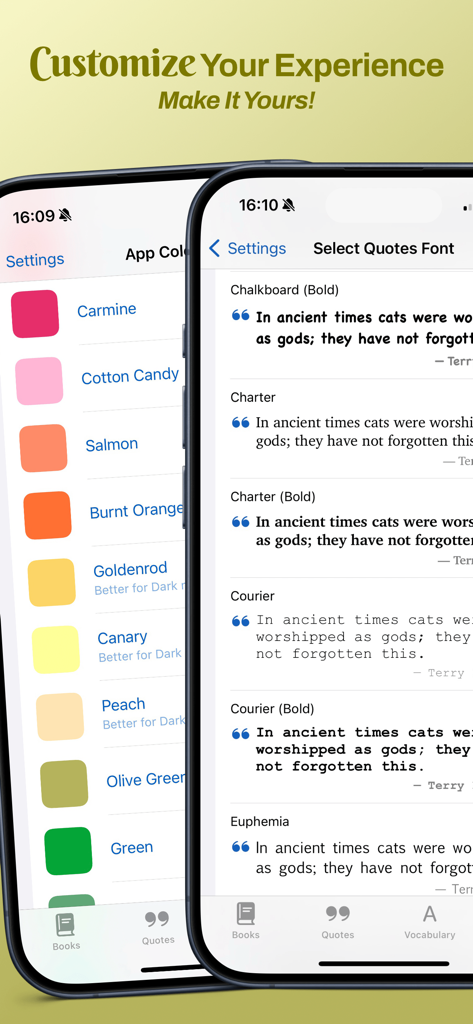 Bookopedia: Note-Taking Books - Écrans de smartphone montrant les paramètres de l'application Bookopedia pour sélectionner des couleurs d'interface utilisateur personnalisées et différentes polices de caractères pour les citations de livres.