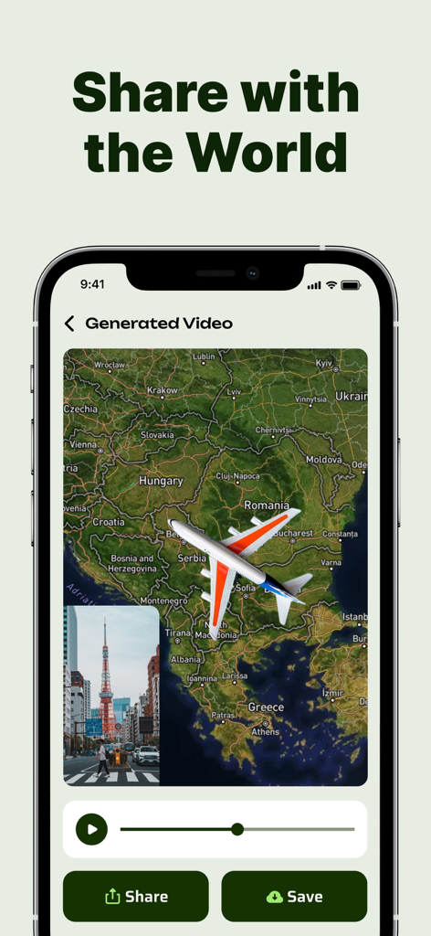 Captura de tela do aplicativo Travel Route mostrando um avião 3D voando sobre um mapa com botões de compartilhar e salvar