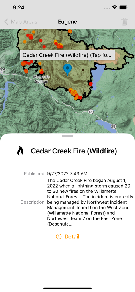 Fireguard Wildfire Tracker - A wildfire map showing the Cedar Creek Fire boundaries and satellite hotspots near Eugene on the Fireguard app.