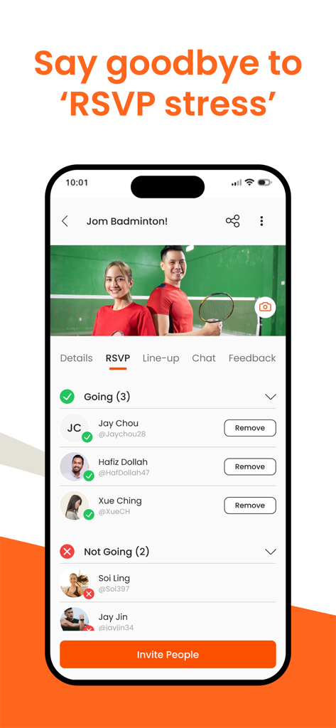 AFA: Meet People, Play Sports - Pantalla móvil de la aplicación AFA que muestra la función de gestión de confirmaciones para una actividad de bádminton