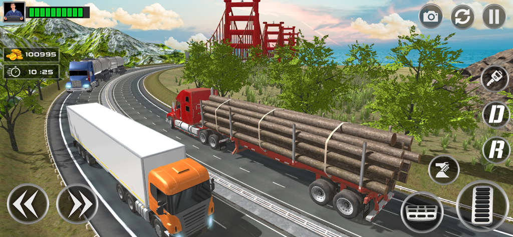 Supply Truck Driving Simulator - Captura de pantalla del juego de camiones pesados transportando troncos y carga por una escénica carretera costera con un gran puente rojo