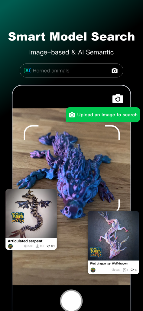 Creality Cloud - 3D Printing - A smartphone interface displaying the Smart Model Search feature in the Creality Cloud app using an image of a 3D-printed dragon to find similar models.