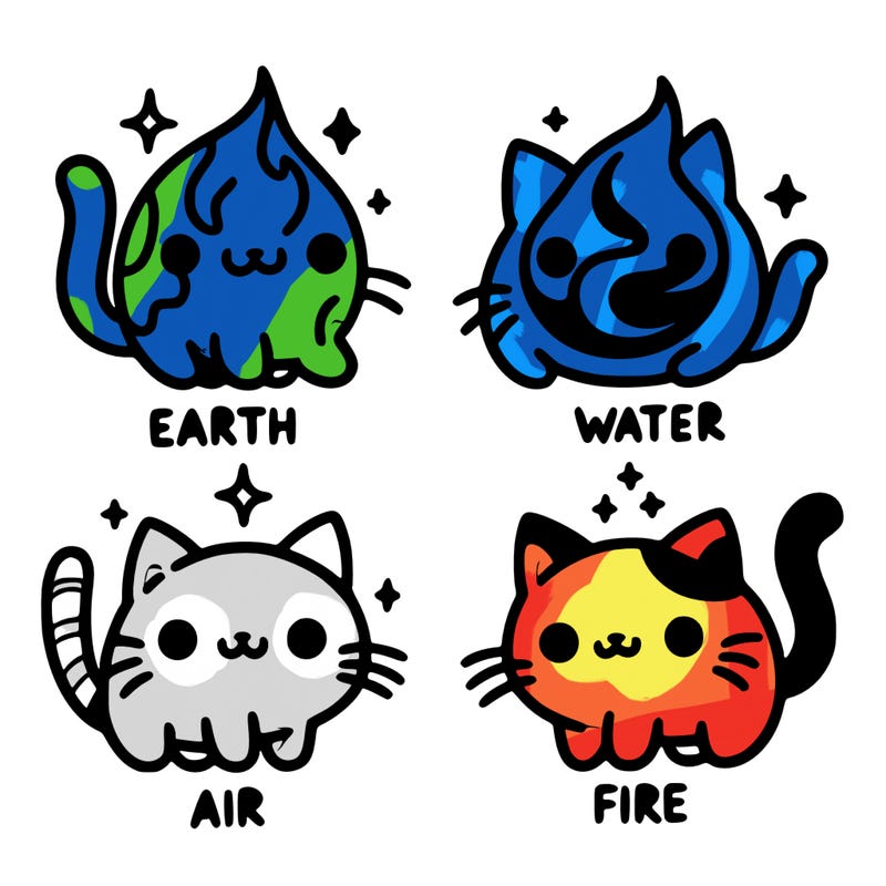 4 cats that represent the different elements, earth, water, air, and fire
