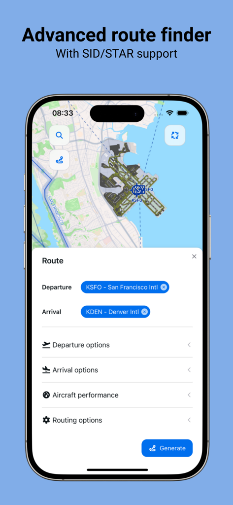 FlyCharts - FlyCharts advanced route finder screen showing flight planning from San Francisco to Denver with SID and STAR support