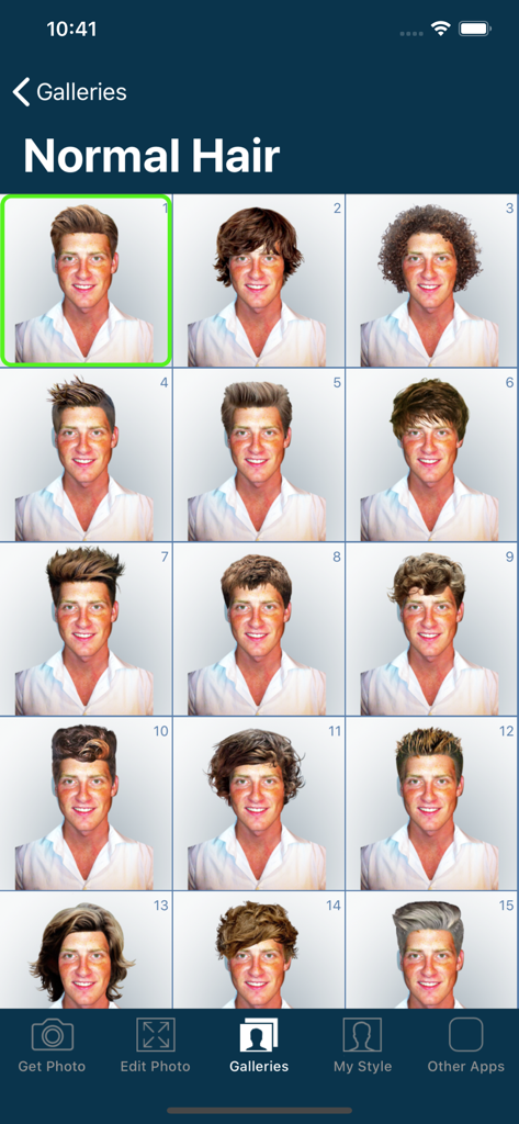 Gallery showing various male hairstyle previews in the app