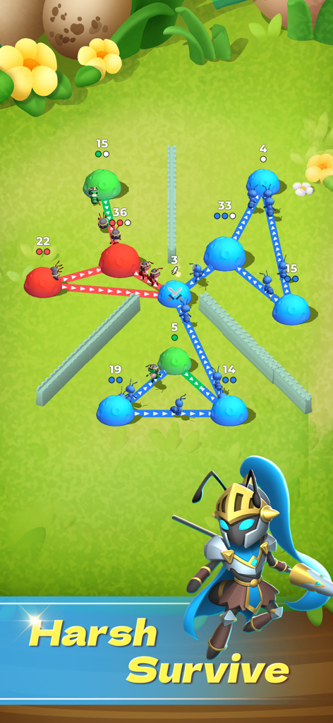 Tactical tower defense gameplay of Ant Fight showing colored ant colonies and an armored ant knight.