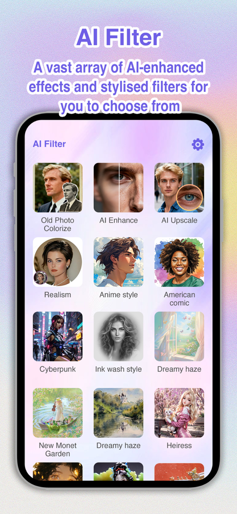 Photo Maker：Frame,Filter,Lock - AI filter menu showing various artistic styles like Anime Cyberpunk and American comic