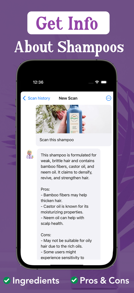 Shampoo Scanner AI app interface showing detailed ingredient analysis and pros and cons of a scanned product.
