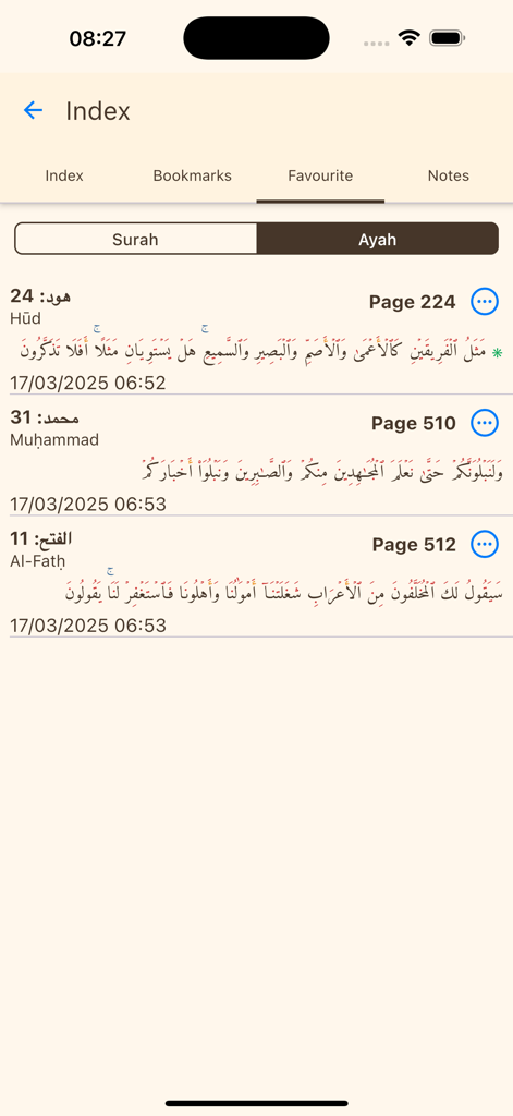 Mushaf - A list of favorite Quranic verses displayed in the Mushaf app index with surah names and page numbers.