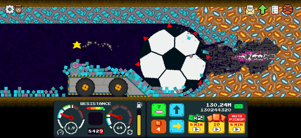 Mystery Digger - A pixel art mining vehicle with a giant soccer ball drill head digging through underground blocks in Mystery Digger.
