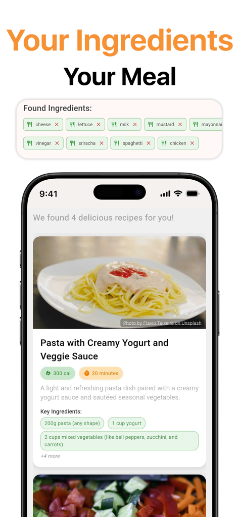 Bildschirm der mobilen App, der einen Nudelrezeptvorschlag aus gescannten Kühlschrankzutaten zeigt