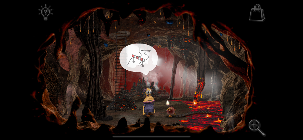 Avolteha View - An alien character in a lava cave with a visual speech bubble showing a roadblock puzzle