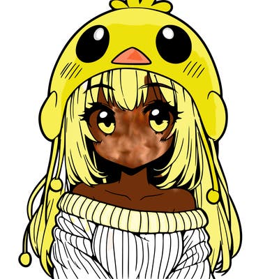 anime girl with chick shaped hat with sweater with bare shoulders with bangs covering them one eye with low tail