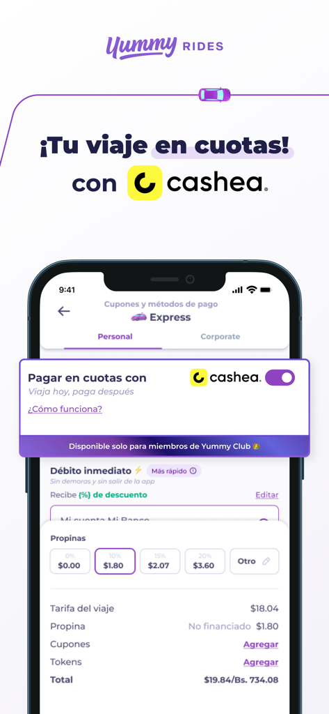 Yummy Rides - Viaja y Conduce - Yummy Rides app screen showing the option to pay for trips in installments using Cashea for Yummy Club members