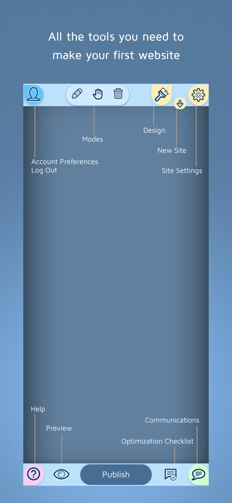 FreeSite – Website Maker - User interface of the FreeSite website maker app showing tools for design publishing and optimization