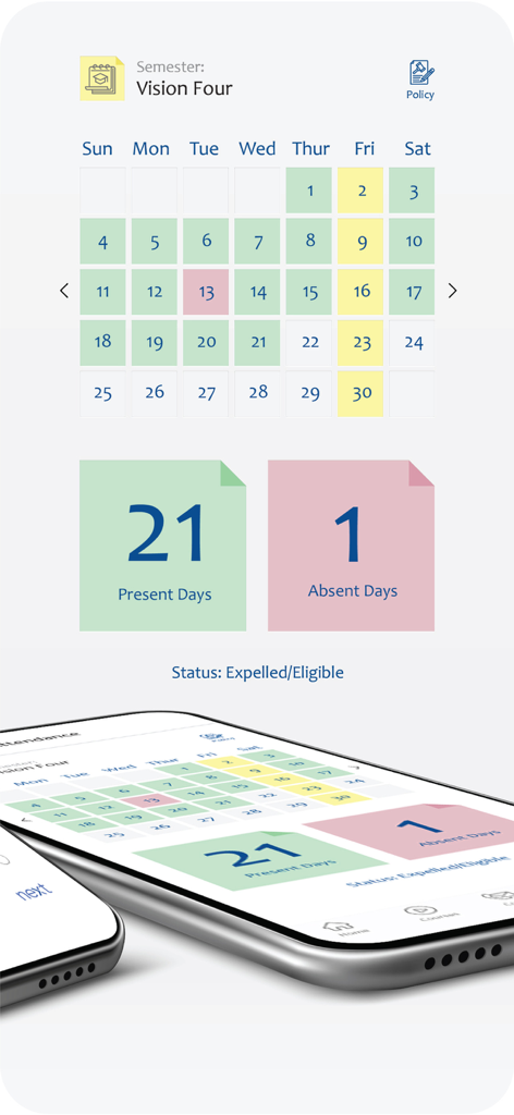 A mobile interface for the MELI app showing a student attendance calendar with summary of present and absent days.
