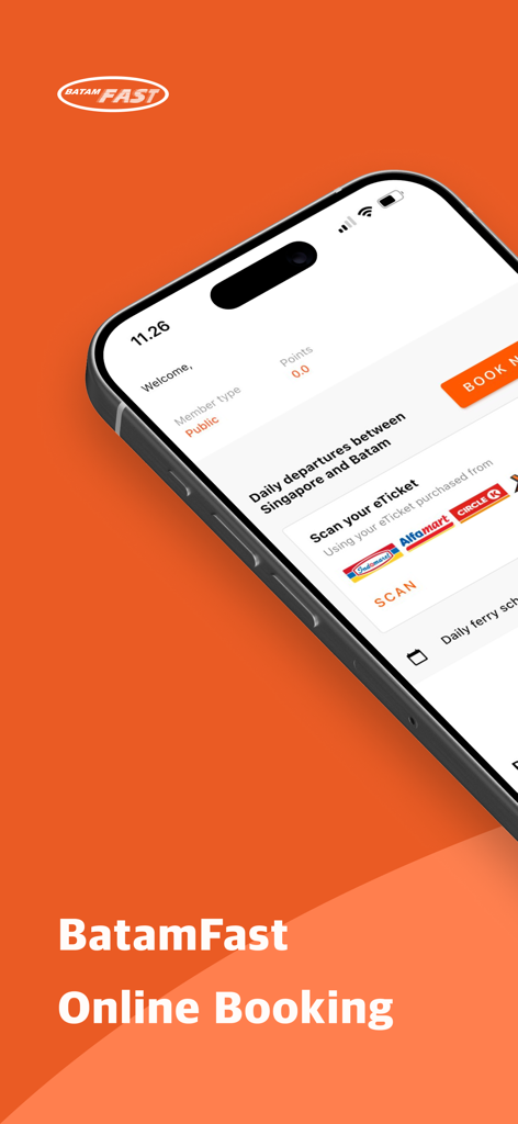 BatamFast Online Ferry Booking - シンガポールとバタム島間のオンラインフェリー予約のためのBatamFastモバイルアプリインターフェース。