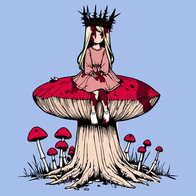 realistic girl sitting on a huge tree stump size toadstool with thorn crown