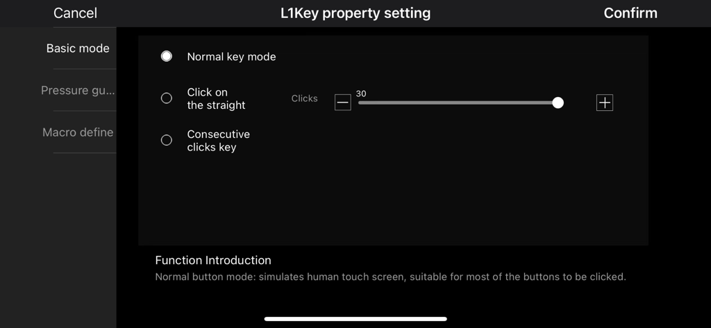MooWii Gaming - MooWii Gaming app interface for configuring L1 key properties and click modes.